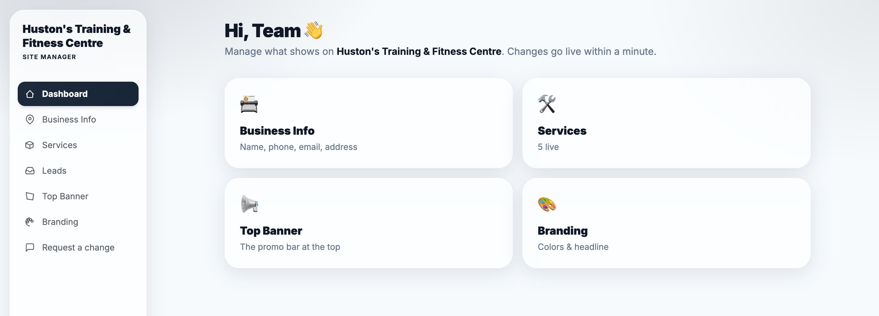 Your Huston's Training & Fitness Centre dashboard